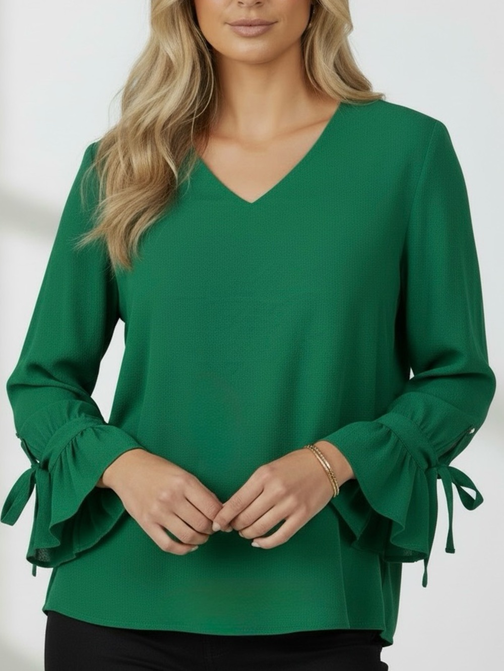 NWT CECE Green V-Neck Long Sleeve Tie Cuffs Blouse Size X-Large